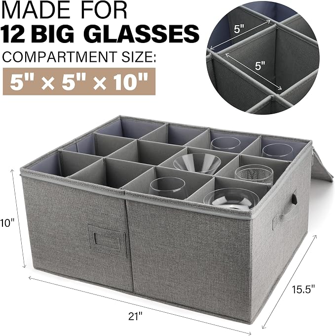LotFancy Stemware Storage Container for Moving, Hard Shell, Wide Wine Glass Storage Box with Dividers & Handles, Stackable, Foldable Crystal Glassware Case, 21”x15.5”x10”, Grey - Image 2