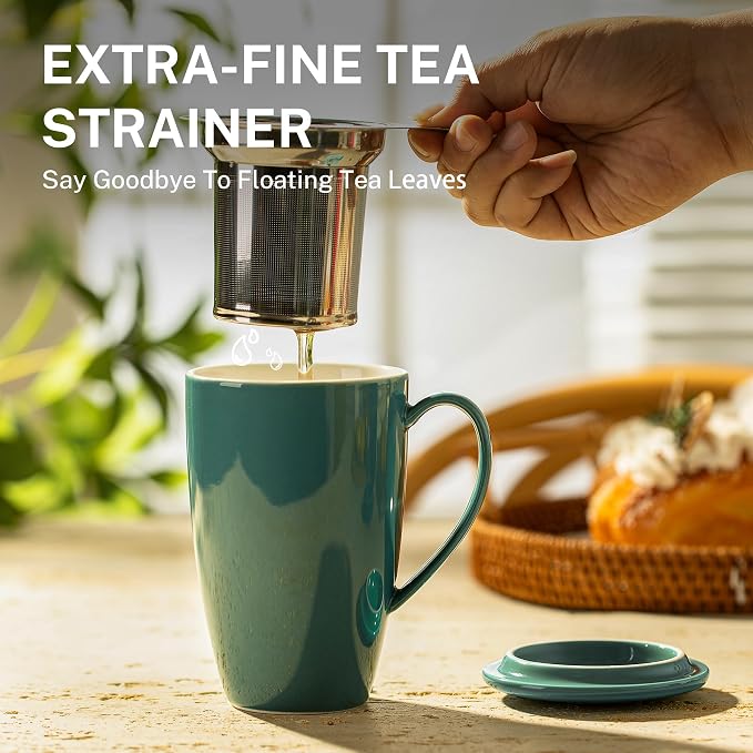 Sweese 15 OZ Porcelain Tea Mug with Infuser and Lid, Loose Leaf Tea Cup, Gifts for Tea Lover, Sage Green - Image 4
