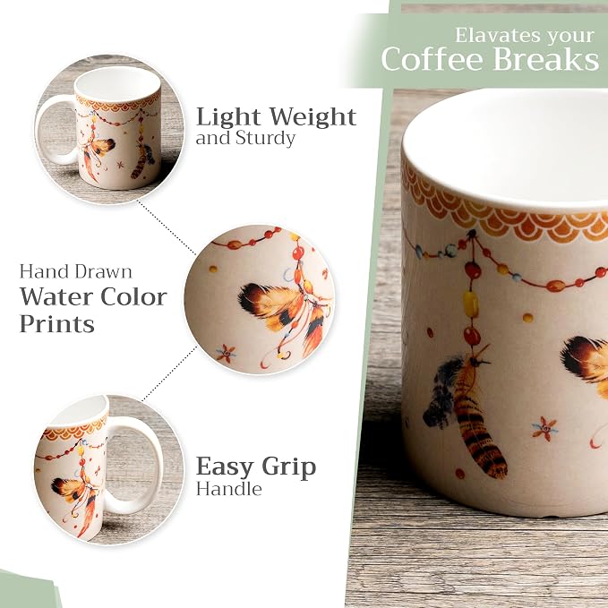 Maison d' Hermine Coffee Mug with Handles Tea Cups (12 Ounce, Pack of 1) | Fine Bone China Coffee Mugs for Hot Beverages Cappuccino Latte Home Restaurant Hotel Spring Summer -Ibiza - Beige - Feather - Image 5