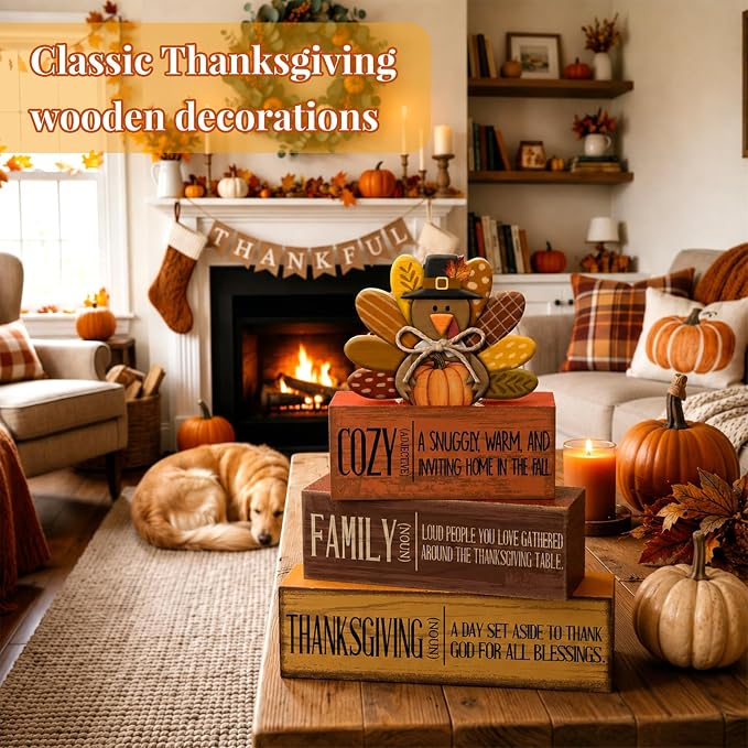 Moucuny 4 Pcs Fall Decorations for Home Wooden Turkey Decor Thanksgiving Tiered Tray Decor Thanksgiving Table Centerpiece Rustic Wooden Pumpkin Turkey Block Sign for Autumn Harvest Party Kitchen Shelf - Image 2