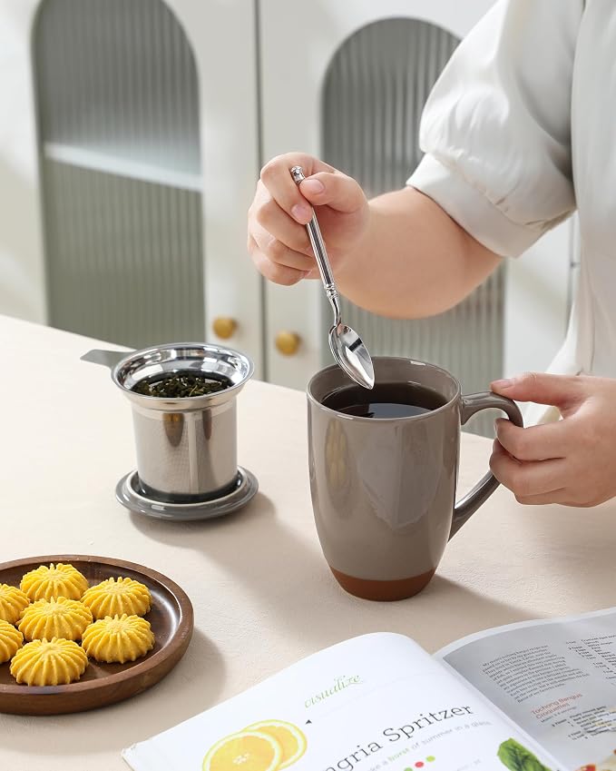 MALACASA Ceramic Tea Mug with Lid and Stainless Steel Infuser, 18 oz Large Tea Cup for Loose Leaf Tea, Heat-Resistant, Microwave & Dishwasher Safe, Speckled Glaze Coffee & Tea Brewer Mug, Khaki Brown - Image 9