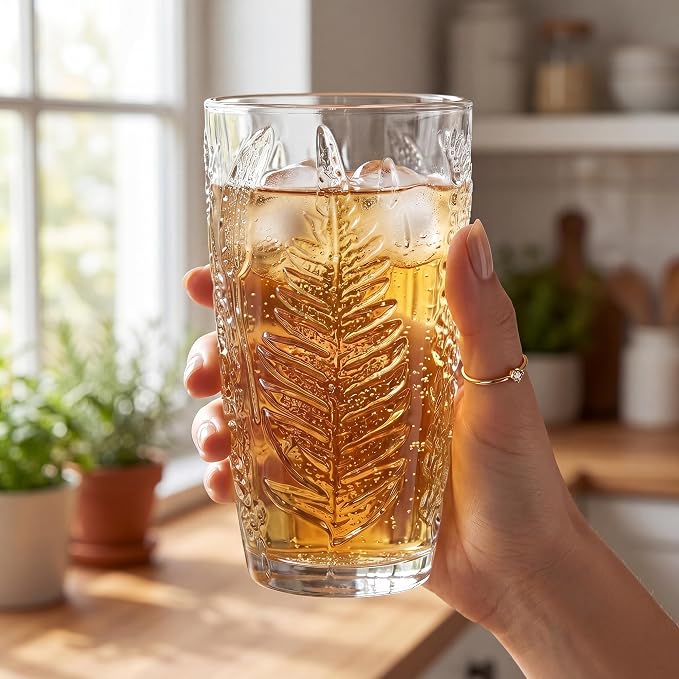 Clear Drinking Glasses Set of 4, 16 oz Glass Cups, Vintage Fern Glassware | Hand-Pressed, Dishwasher Safe, Boho Leaf-Textured Drinkware, Decorative Embossed Highball Tumblers for Water, Retro Kitchen - Image 5