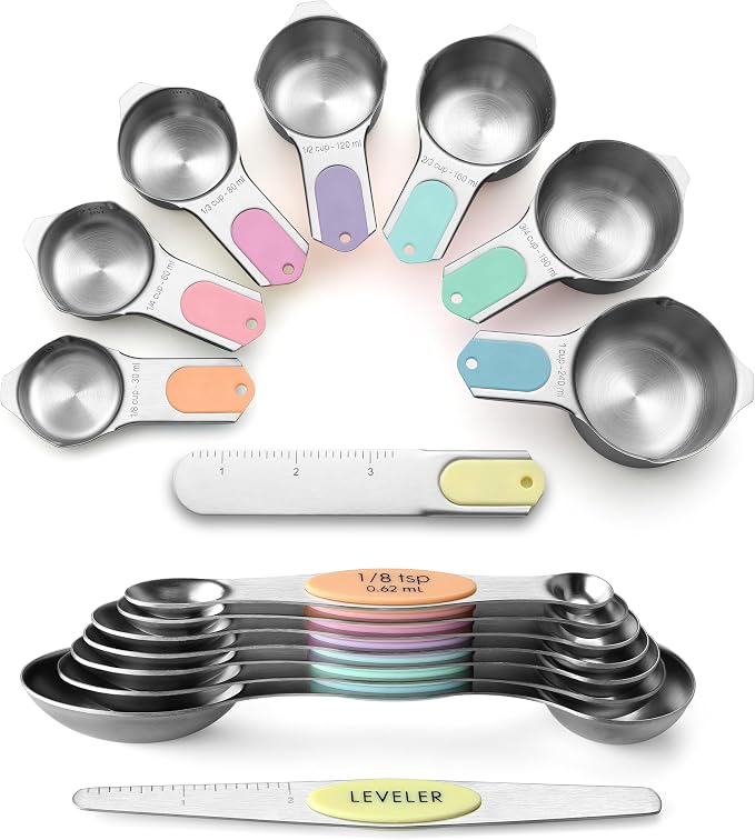 Spring Chef Magnetic Measuring Cups & Spoons Set of 15, Patented, Pastel | Stackable Stainless Steel Measuring Cups & Heavy Duty Metal Measuring Spoons with Levelers for Dry & Liquid Ingredients by SpringChef