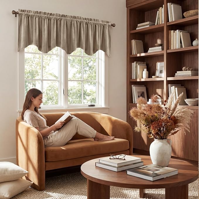 Camel Beige Scalloped Valance Curtains 52x18 Inch 1 Panel | Premium Velvet Wavy Short Curtains for Kitchen Windows, Neutral Home Decor Window Treatment for Farmhouse - Image 3