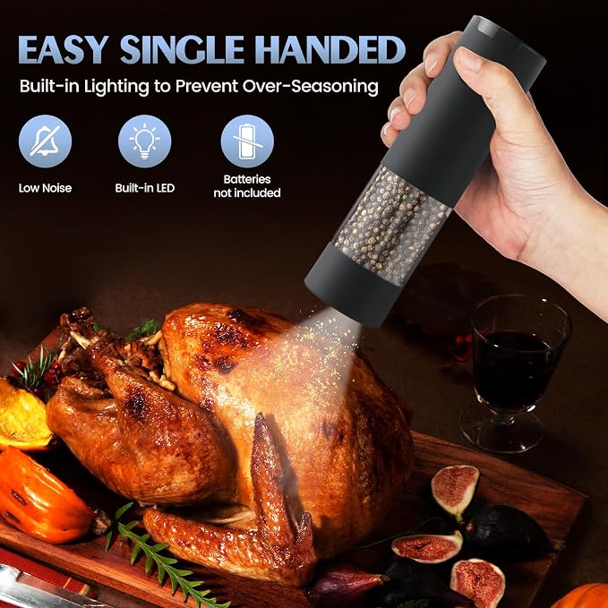 Electric Salt and Pepper Grinder Set Automatic Battery Pepper Mill Shakers Adjustable Coarseness Upgraded Larger Capacity with Led Home and Kitchen Appliances(Dark Gray) - Image 3