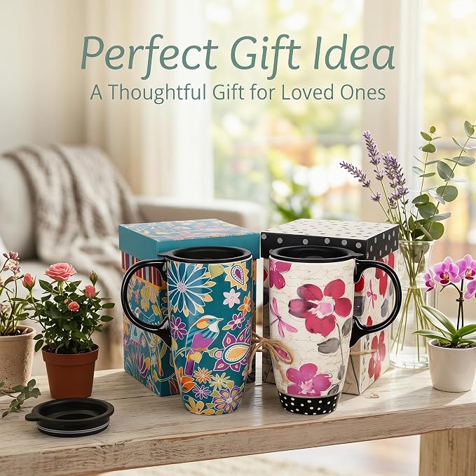 Topadorn Set of 2 Ceramic Travel Mugs, 17oz Floral Coffee Mug Set with Lids | Nature-Inspired Floral & Bird Artwork • Comfortable Handles • Microwave & Dishwasher Safe • Gift Boxes Included - Image 5