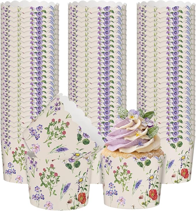 Qinyoung 150 Pcs Purple Lavender Wildflower Paper Baking Cups Vintage Purple Floral Cupcake Wrappers Liner Disposable Flower Muffin Case for Spring Summer Wedding Baby Shower Birthday Tea Party Decor by Qinyoung