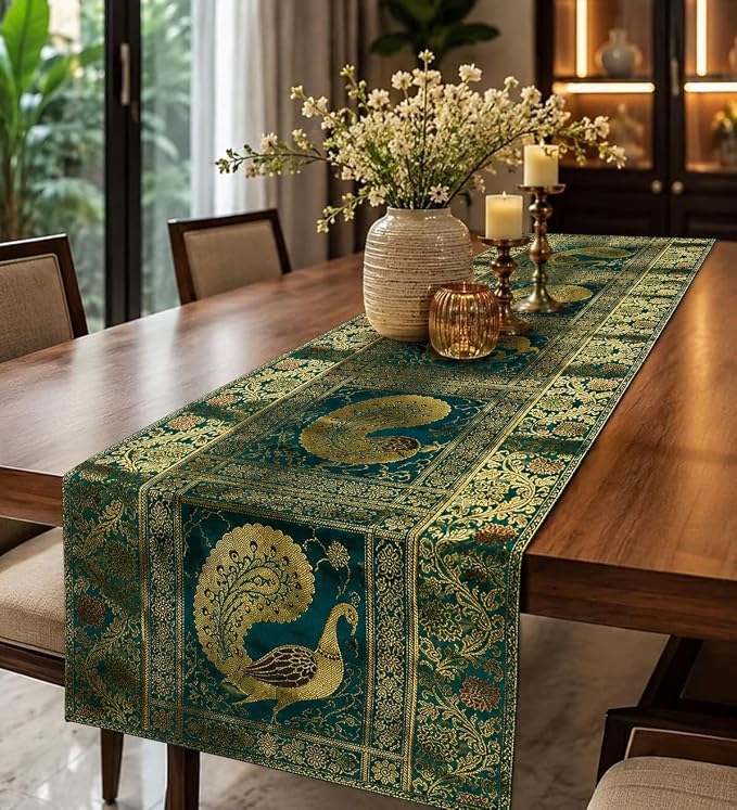 Peacock Design Silk Table Runner 60 x 16 Inch, Green and Gold Decorative Table Cloth, Vintage Floral Dining Table Runner for Kitchen, Coffee Table and Home Decor by Unknown