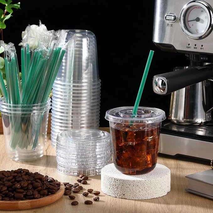 Baderke 25 Set Plastic Cups with Lids and Straws, Disposable Plastic Iced Coffee Cup for Cold Beverage Juice Smoothie Crystal for Coffee Shops Party Catering(Clear,12 oz) - Image 2