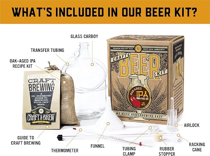 Craft A Brew - Oak Aged IPA - Beer Making Kit - Make Your Own Craft Beer - Complete Equipment and Supplies - Starter Home Brewing Kit - 1 Gallon