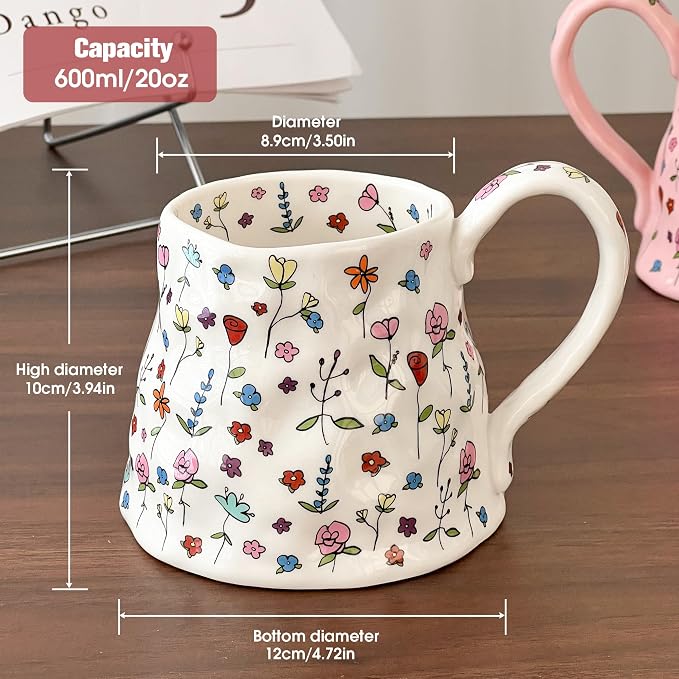 Large Ceramic Coffee Mug Cute Flower with Handmade Big Handle, 20oz Girly Pink Floral Tea Cup for Women Mothers Day, Novelty Irregular Oversized Christmas Mugs for Latte Tea Milk Cocoa - Image 2