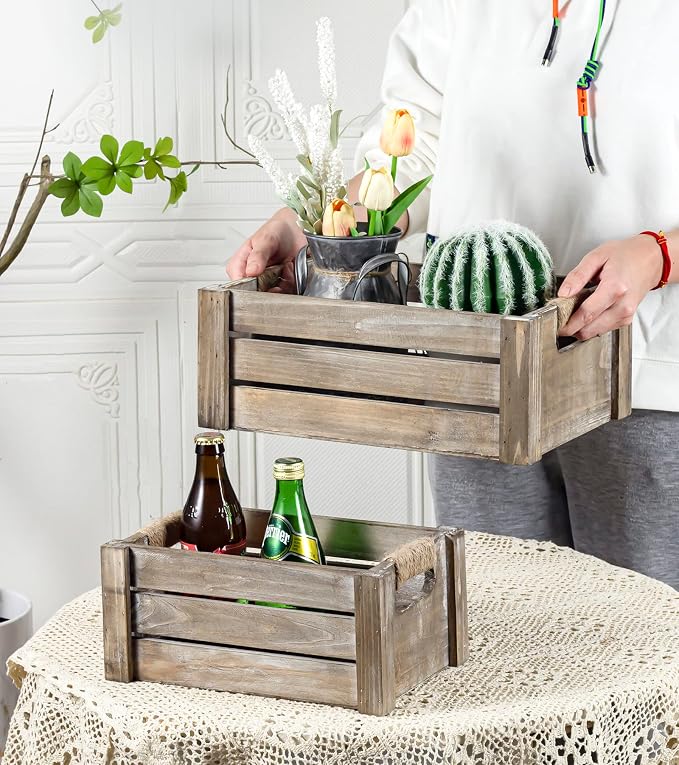TIMRIS Set of 3 Rustic Wood Nesting Crates, Farmhouse Wooden Storage Container Boxes with Cutout Handles, Decorative Wooden Baskets for Display (Rustic Gray) - Image 5