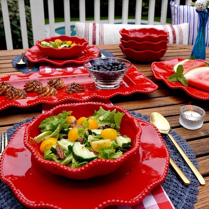 Perlette Red Melamine Dinnerware Set – 12-Piece Scalloped Plates & Bowls, Vibrant Glossy Finish, Elegant Beaded Rim, Durable & Lightweight – Service for 4, Indoor/Outdoor Use - Image 8