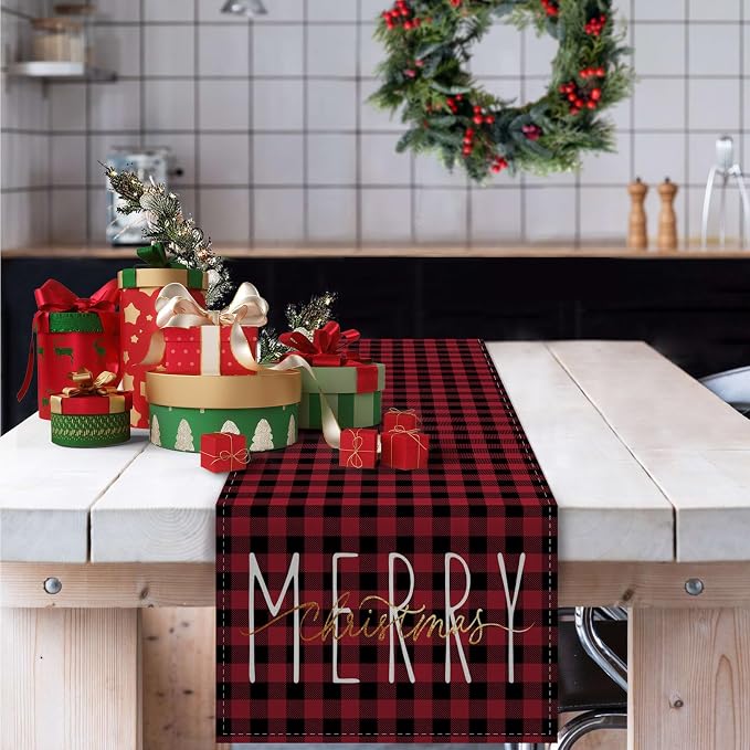 ONWAY Christmas Buffalo Plaid Red Black Table Runner Gold Winter Holiday Xmas Kitchen Dining Farmhouse Table Decor for Indoor Outdoor Home Party Decorations 13x72 Inch - Image 2
