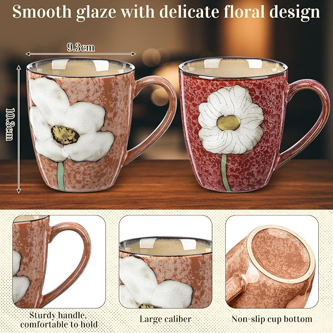 Maxdot 2 Pcs 12oz Ceramic Coffee Mugs Sets Glazing Process Cappuccino Mug Floral Ceramic Tea Cups Idea Gift Set for Women Porcelain Cup for Coffee, Cocoa, Tea, Latte (Retro) (Vintage) - Image 2