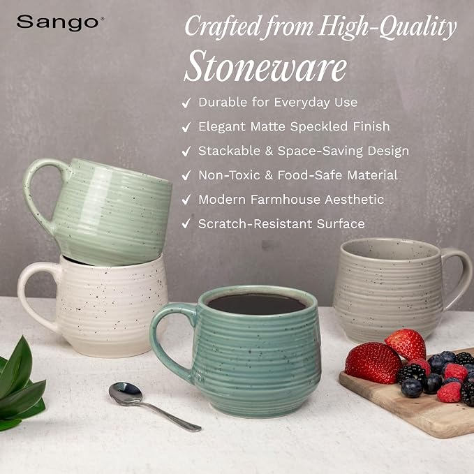 Sango Siterra Artist's Blend 17 oz. Stoneware Mug Set- Service for 4, Rustic Design, Green/White/Beige, Scratch-Resistant, Microwave & Dishwasher Safe, for Everyday Dining & Entertainment - Image 3