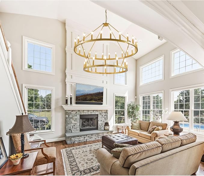 47 Inch Gold Wagon Wheel Chandelier,2 Tier 36-Lights Farmhouse Chandelier for Living Room,Round Rustic Dining Room Light Fixture,Extra Large Foyer Chandeliers for High Ceilings,for Staircase,Entryway - Image 6