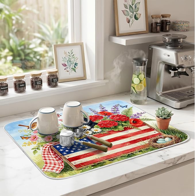 Patriotic Cats Dish Drying Mat for Kitchen Counter Coffee Bar 18x24 in | Decorative Non Slip Absorbent Kitchen Dishes Drainer Mat, with Anti-slip Rubber Backing & Hanging Loop, for Sink, Home Gift - Image 5