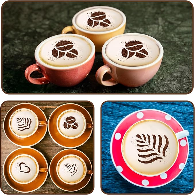 4 Pcs Coffee Stencils Latte Art,Coffee Stencils,Latte Art Stencil with Various Patterns for Cappuccino Lattes Cake Decorating Coffees Shop and Home Use(Silver)