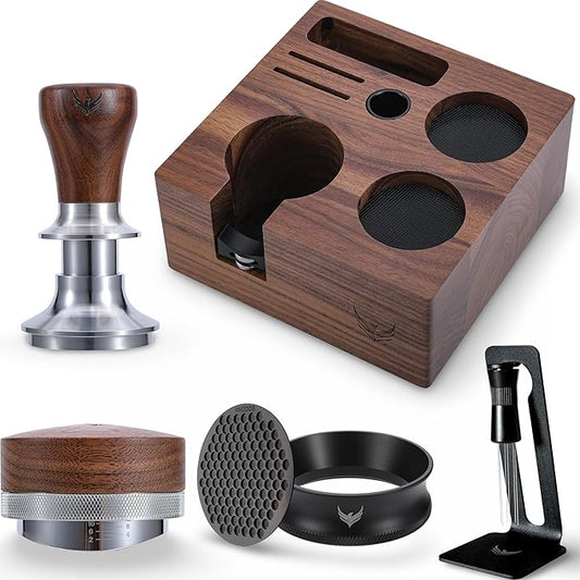 58.5mm Espresso Barista Kit – Walnut Espresso Press Tool Tamper, Espresso Distributor, Tamping Box, Dosing Funnel, Puck Screens, and WDT Tool