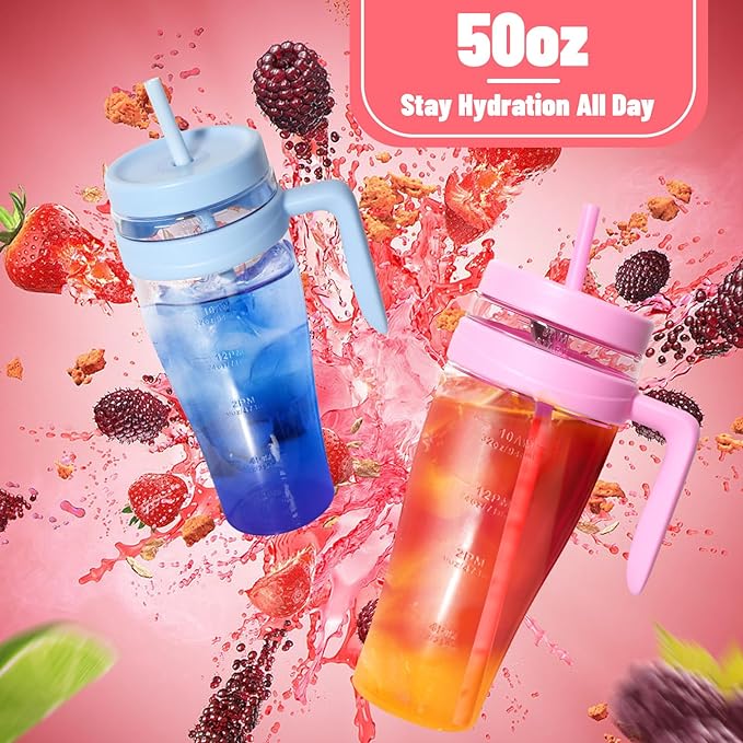 Hydraful 50 oz Tritan Plastic Tumbler with Lid and Straw and Handle - 100% Leak-Proof - Perfect for Iced Coffee, Smoothies, and Juice - Wide Mouth Reusable Water Bottle with Time Marker