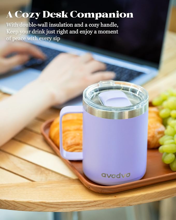 12oz Insulated Coffee Mug with Lid – Includes Two Lids, Stainless Steel Coffee Travel Mug with Handle, Double Wall Vacuum Insulated Camping Mug for Home, Office & Outdoor, Periwinkle Purple - Image 5