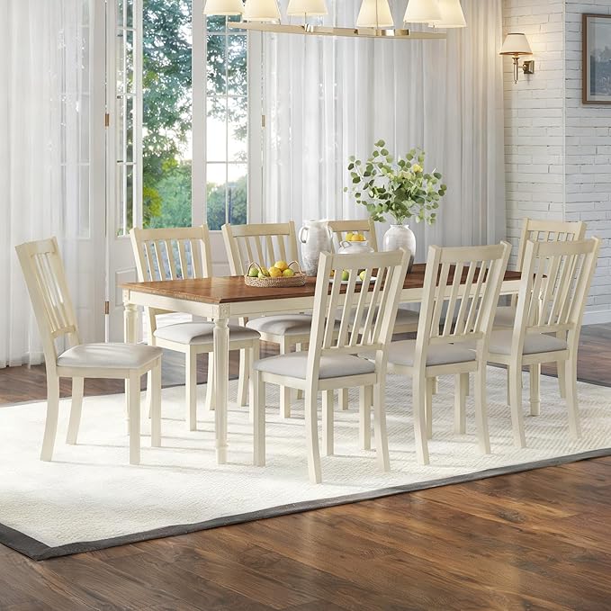 AMERLIFE 9 Piece Farmhouse Dining Table Set with 79" Table, Cream | Solid Rubberwood Frame, 8 Chairs Included, Farmhouse Design, Upholstered Seating, Rustic Cream Finish by AMERLIFE
