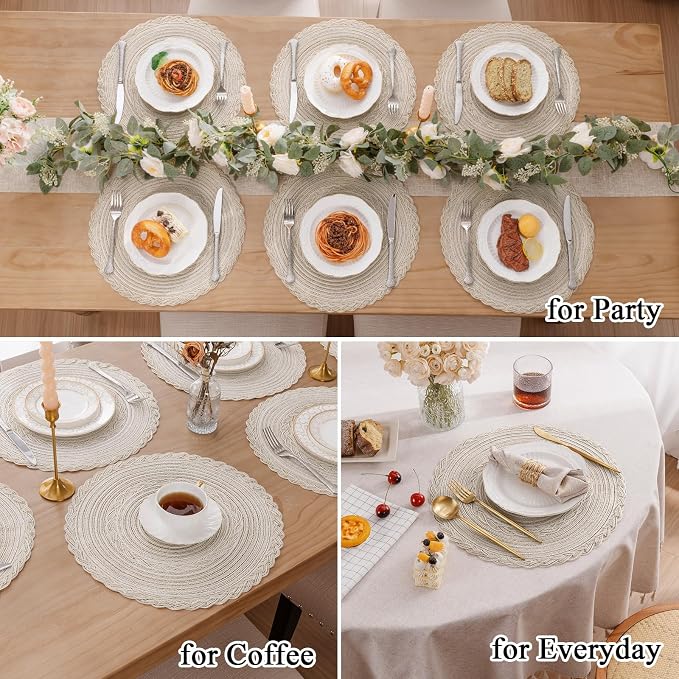 SHACOS 15 inch Round Braided Placemats Set of 12 for Dining Table Woven Boho Place Mats Kitchen Placemat Washable Table Mats, Ivory Bordered - Image 8