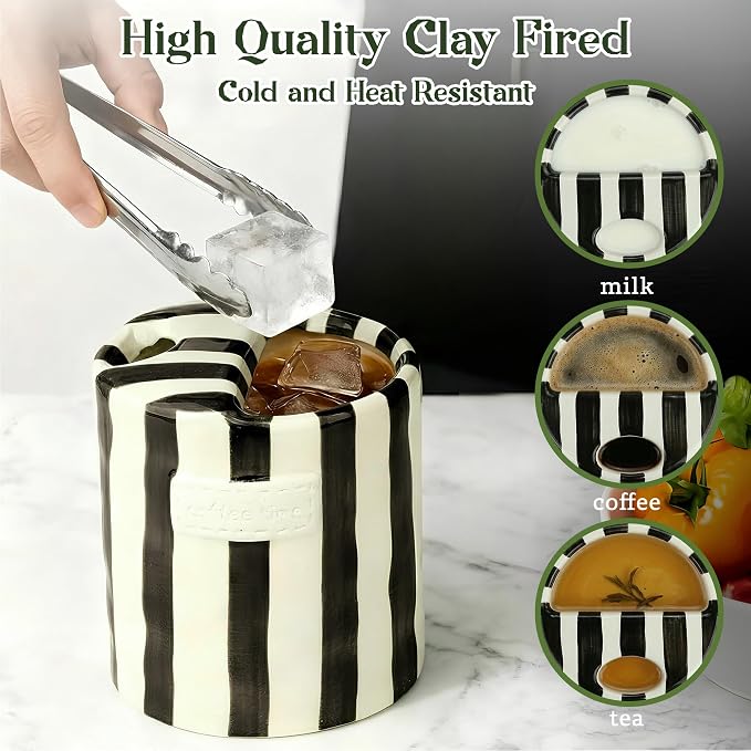 Novelty Striped Ceramic Coffee Mug with Sip Hole and Half Lid, Cute Black Hand-Painted Iced Tea Cup, 10oz Trendy Retro Aesthetic Porcelain Present for Coffee Lover Cappuccino Latte Espresso - Image 5