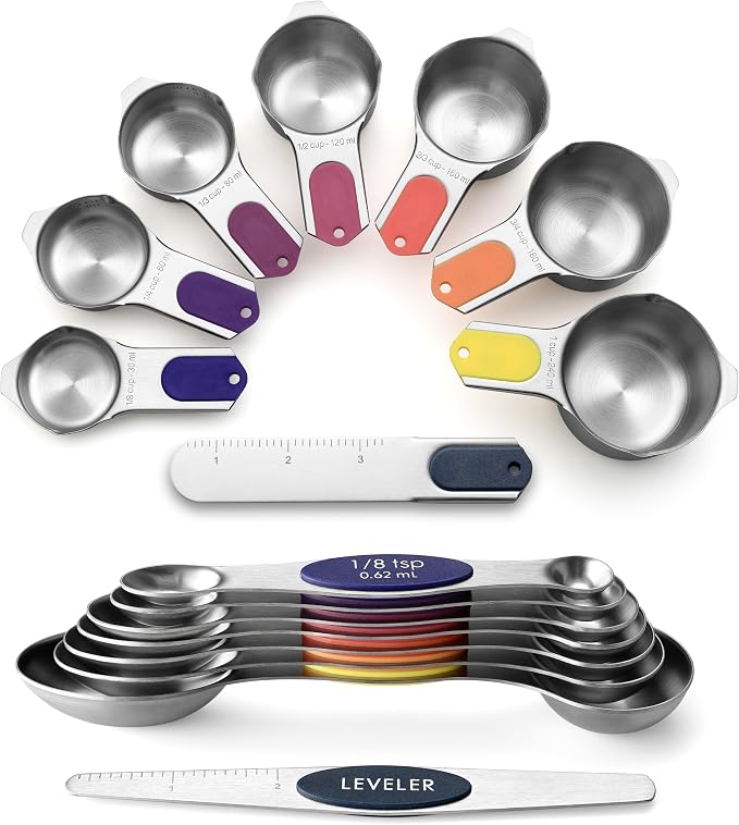 Spring Chef Magnetic Measuring Cups & Spoons Set of 15, Mountain Sunrise | Patented Nesting Stainless Steel Measuring Cups & Heavy Duty Metal Measuring Spoons w/ Levelers for Dry & Liquid Ingredients by SpringChef