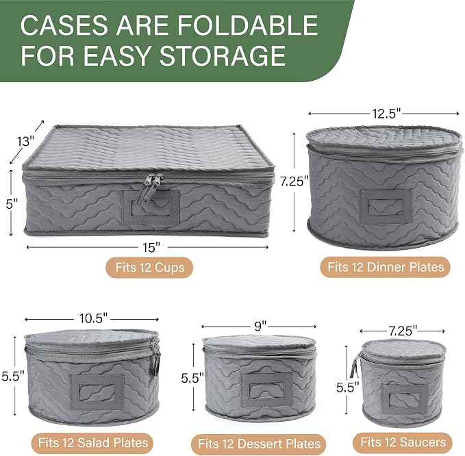 LotFancy China Storage Containers, Quilted 5-Piece Set, Tea Cup and Saucer Storage Box, Chinaware Dinnerware Dish Plate Mug Storage Case, 48 Felt Protectors, Cardboard Dividers Included - Image 4
