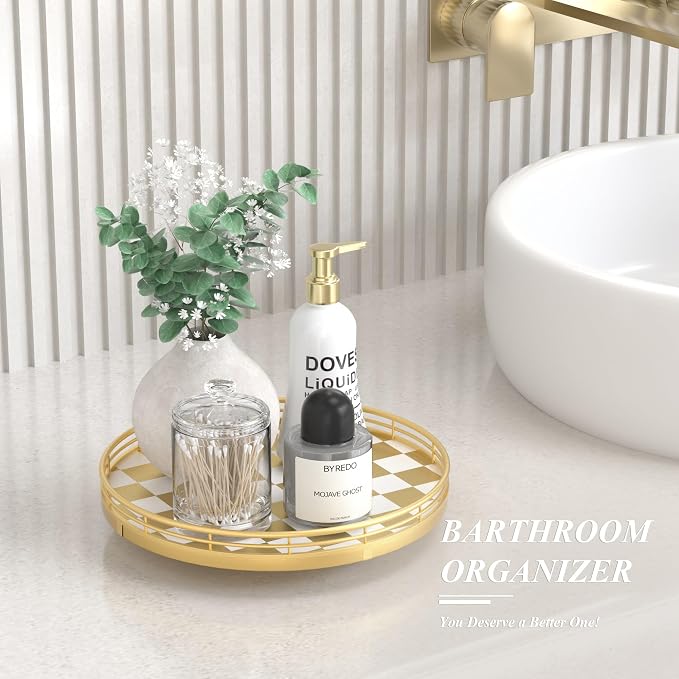 AMH 10-Inch Gold Checkerboard Lazy Susan Vanity Tray with Metal Rail | Smooth rotating oak tray with walnut finish for dining tables, kitchen counters, pantries and cabinet storage. - Image 5