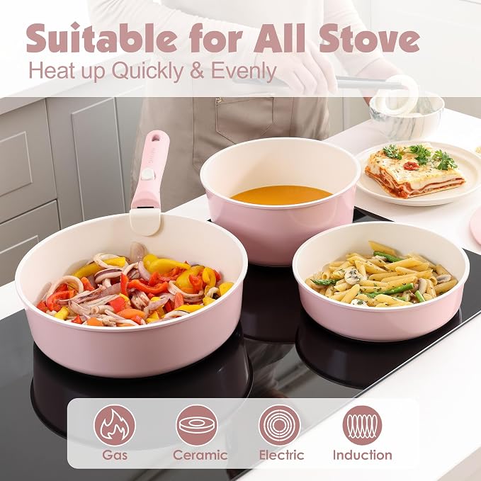 SENSARTE 17 Piece Ceramic Detachable Handle Pots and Pans Set Pink | Ceramic Cookware Set, Induction Cookware Set with Removable Handle, Healthy Non Stick for RV, Dishwasher ＆ Oven Safe - Image 6