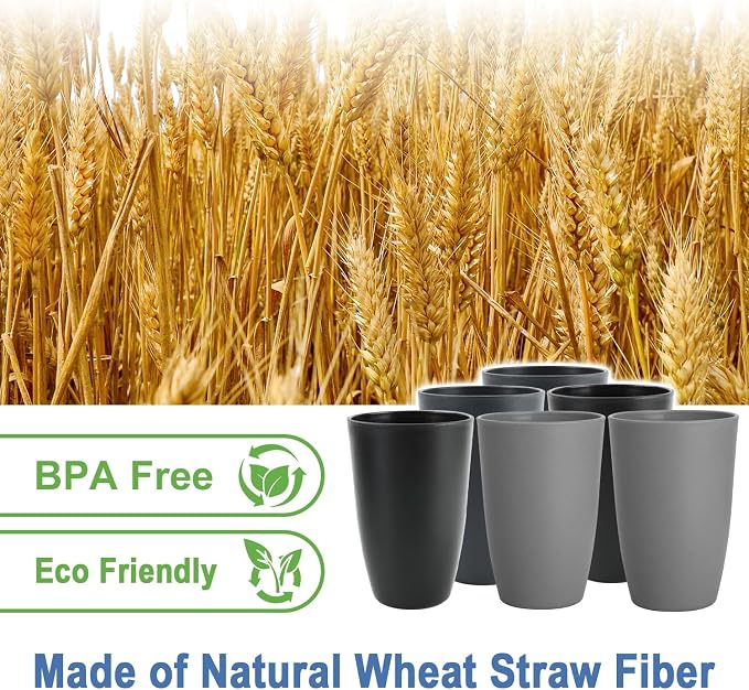 20 OZ Wheat Straw Cups Set of 6, Unbreakable Water Cup, Alternative to Plastic Cups Reusable, Plastic Glasses Drinking, Microwave Safe Tumbler Cups for Kitchen, Dorm, RV (BlackGrey) - Image 2