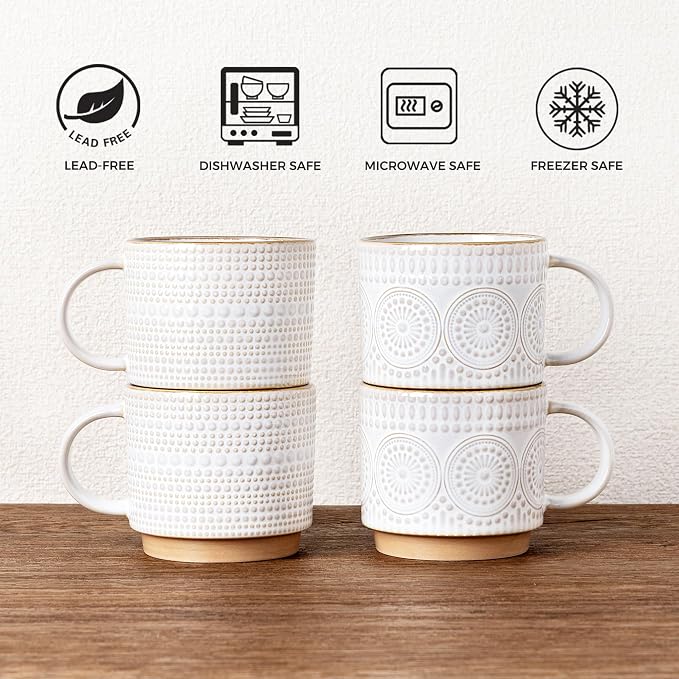GBhome 12OZ Stackable Coffee Mugs, Ceramic Coffee Mugs with Texture Patterns for Man,Woman,Dad,Mom, Modern Coffee Mugs Set of 4 for Latte/Cappuccino/Cocoa. Dishwasher&Microwave Safe - Image 7