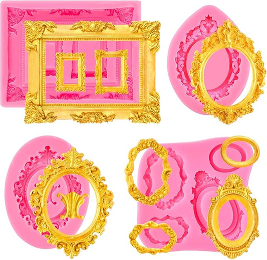 4 Pcs Photo Frame Silicone Molds, Baroque Style Picture Photo Frames and Mirrors Fondant Molds for Cupcake Topper, Chocolate, Candy, Donut Cake Puck Decoration and Clay Craft Making