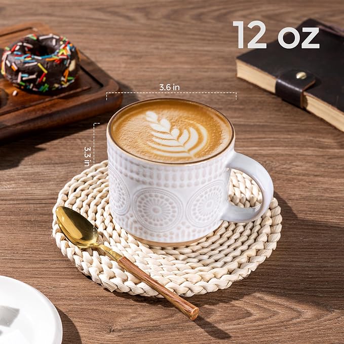 GBhome 12OZ Stackable Coffee Mugs, Ceramic Coffee Mugs with Texture Patterns for Man,Woman,Dad,Mom, Modern Coffee Mugs Set of 4 for Latte/Cappuccino/Cocoa. Dishwasher&Microwave Safe - Image 2