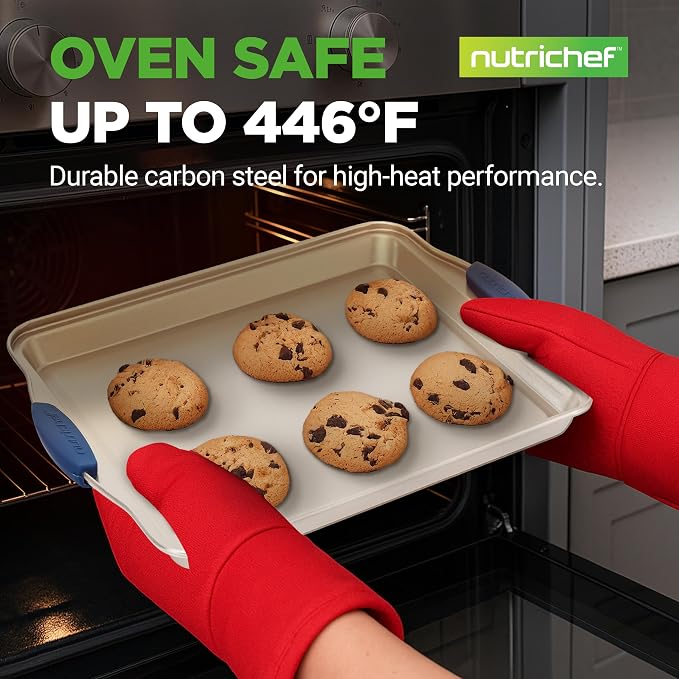 NutriChef 3‑Piece Non‑Toxic Cookie Sheets for Baking – Premium Carbon Steel Oven Tray Set with Blue Silicone Handles – Nonstick Baking Sheet Set for Cookies, Pastries & Oven‑Safe Cooking - Image 2