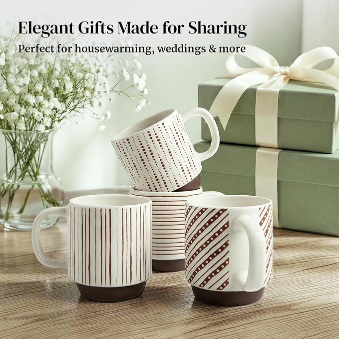 DOWAN Stackable Coffee Mugs, 12 oz Ceramic Coffee Mug Set of 4, Coffee Cups with Chocolate-Colored Geometric Patterns for Latte, Cappuccino, Cocoa, Dishwasher & Microwave Safe, Off White - Image 7