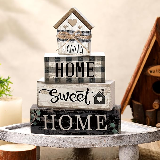 Moucuny 4 Pcs Farmhouse Table Decor Rustic Home Sweet Home Farmhouse Tiered Tray Decor Retro Wooden House Shaped Block Signs Housewarming Gifts Neutral Centerpiece for Kitchen Shelf - Image 4