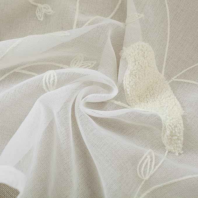 Rod Pocket Sheer Curtains Elegant Embroidered Bird Design White Window Drapes/Panels for Living Room, 54 x 84,Two Panels - Image 4