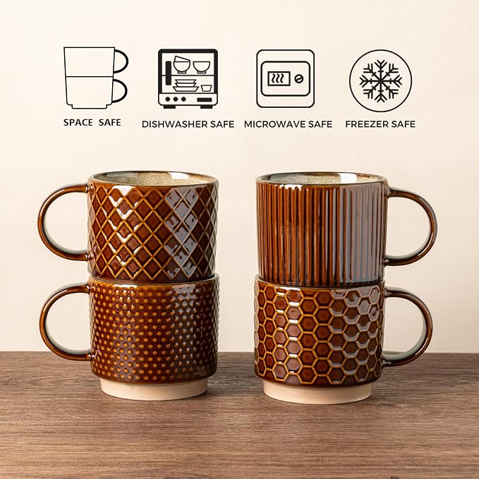 GBhome 12 OZ Stackable Coffee Mugs Set of 4, Ceramic Coffee Cups Set | 4 Assorted Designs, Embossed Mugs with Texture Patterns for Tea/Coffee, Dishwasher&Microwave Safe, Caramel - Image 7