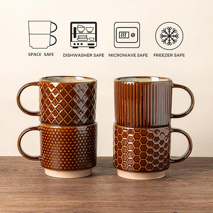 GBhome 6 OZ Stackable Coffee Mugs Set of 4, Ceramic Espresso Coffee Cups | Coffe Cups With Saucer and Stand, Dishwasher&Microwave Safe, 4 Assorted Designs - Image 7