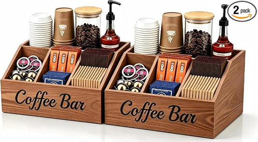 2 Pack Coffee Station Organizer for Countertop – Wooden Coffee Bar Organizer with Adjustable Dividers,Holds K Cup Pod & syrup bottles, for Kitchen, Office, or Bar and Tea Station, Brown by Unknown