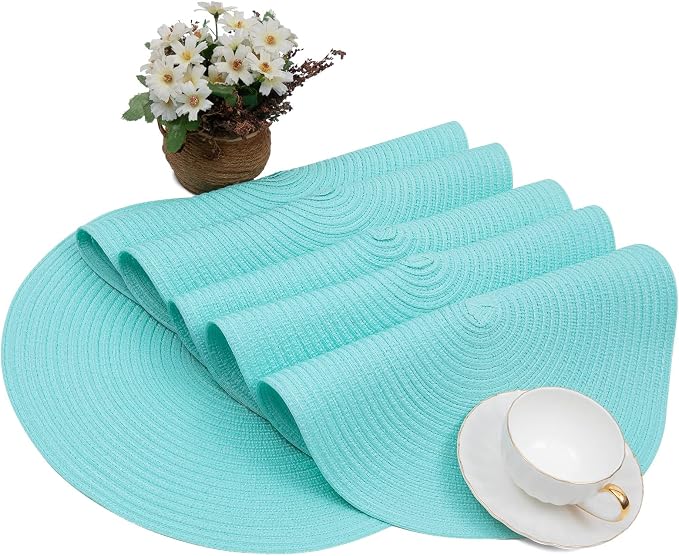 SHACOS Round Placemats Set of 4 Washable 15 inch Round Table Mats Cotton Polyester Woven Braided Place Mats for Dining Table Wedding Party Decor (Aqua, 4) - Image 9