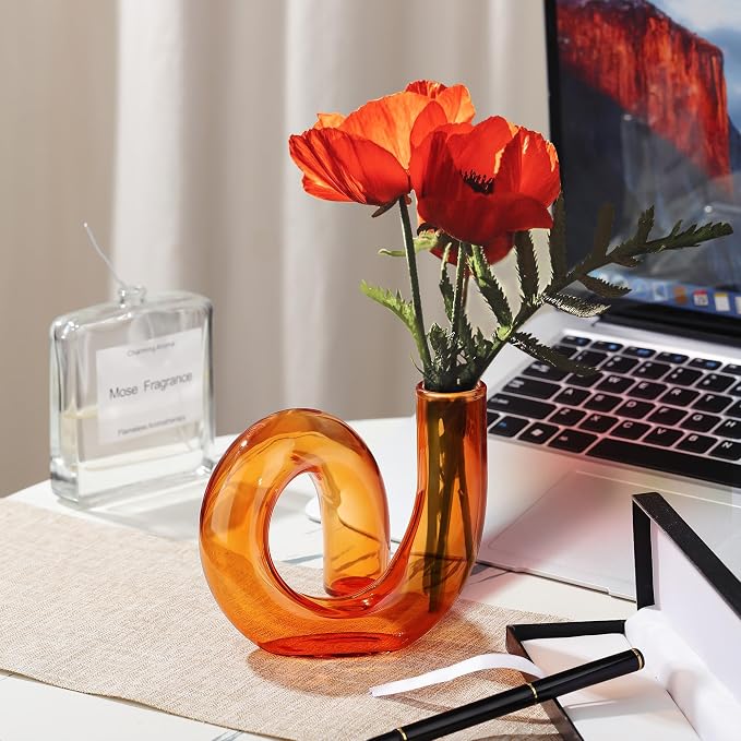 Joeyan Handmade Small Amber Glass Flower Vase,Decorative Geometric Glass Bud Vase for Modern Home Centerpieces Living Room Office,4.72" Abstract Vase for Single Flower and Dry Flowers - Image 5