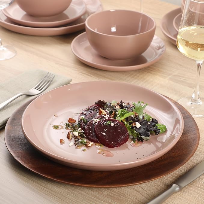 Gibson Home Rockaway 12 Piece Plates and Bowls Matte Outside/Shiny Inside Glaze Service for 4 Dinnerware Set - Pink - Dishwasher and Microwave Safe - Image 2