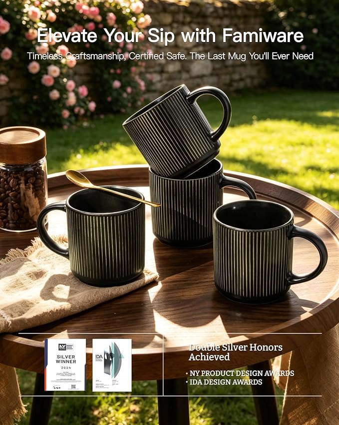 famiware Coffee Mug Set for 6, Star 12 oz Catering Mugs Cup Set with Handle for Coffee, Tea, Cocoa, Milk - Ceramic Stoneware Drinkware Set, Black - Image 5