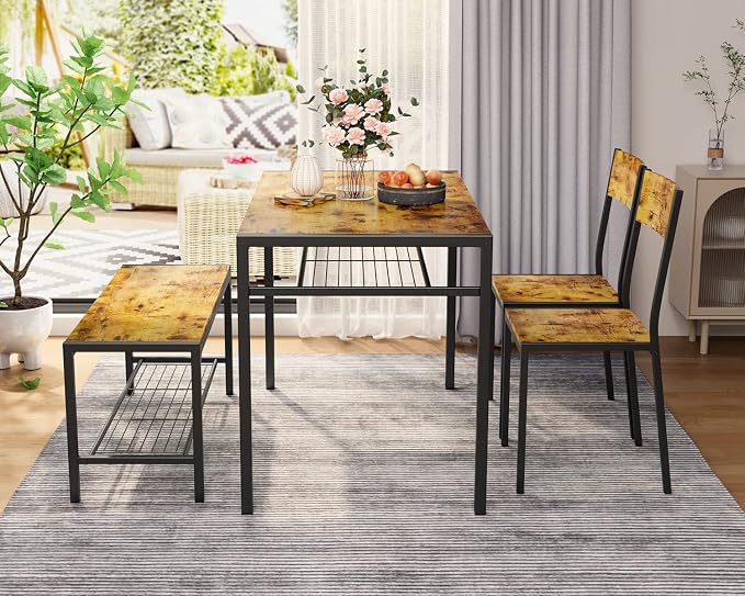 Gizoon 4-Piece Dining Table Set for 4, Kitchen Table with Bench Rustic | Space-saving rustic 4-piece dinette set with metal storage rack. Includes 2 ergonomic chairs and 1 bench. Easy to clean. - Image 7