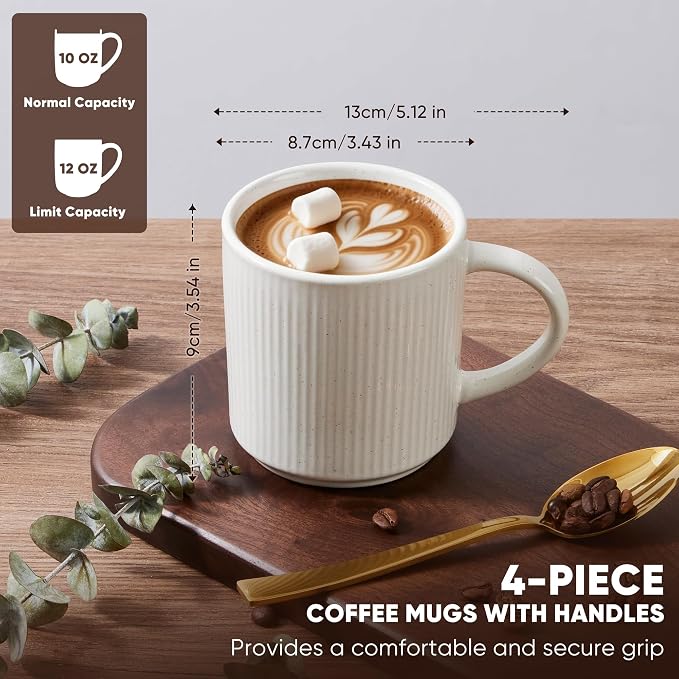 E-far Coffee Mugs Set of 4, 12 oz Stoneware Coffee Cups with Handle for Latte, Tea, Cocoa, Milk, Modern Ribbed Ceramic Mugs for Man Woman, Microwave & Dishwasher Safe, Speckled White - Image 2